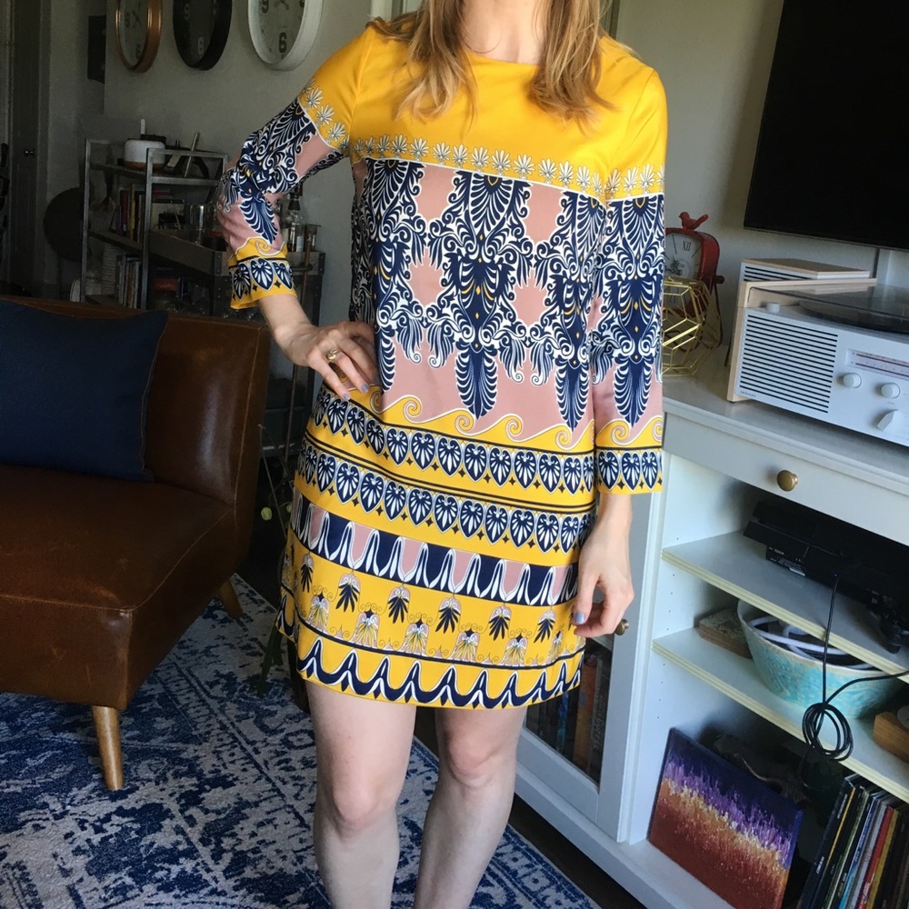 J Crew yellow navy pink patterned shift dress